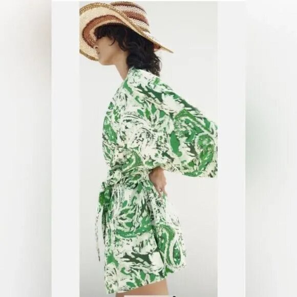 New Zara Printed Linen Blend Belted Green/White Short Kimono Open Front Jacket - Picture 7 of 15